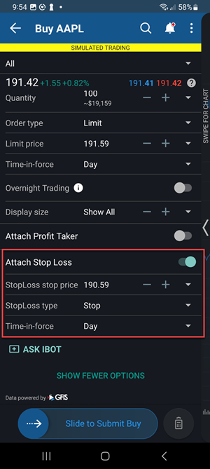 The stop loss option on the Android Phone